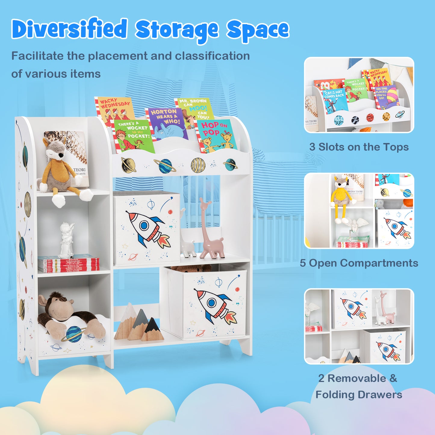 Wooden Children Storage Cabinet with 5 Storage Bins Kids Crystal