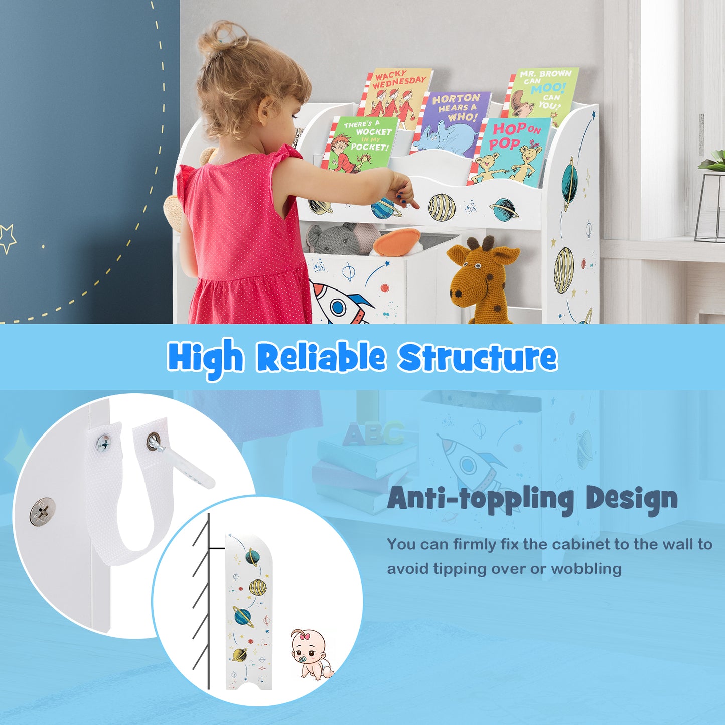 Wooden Children Storage Cabinet with 5 Storage Bins Kids Crystal