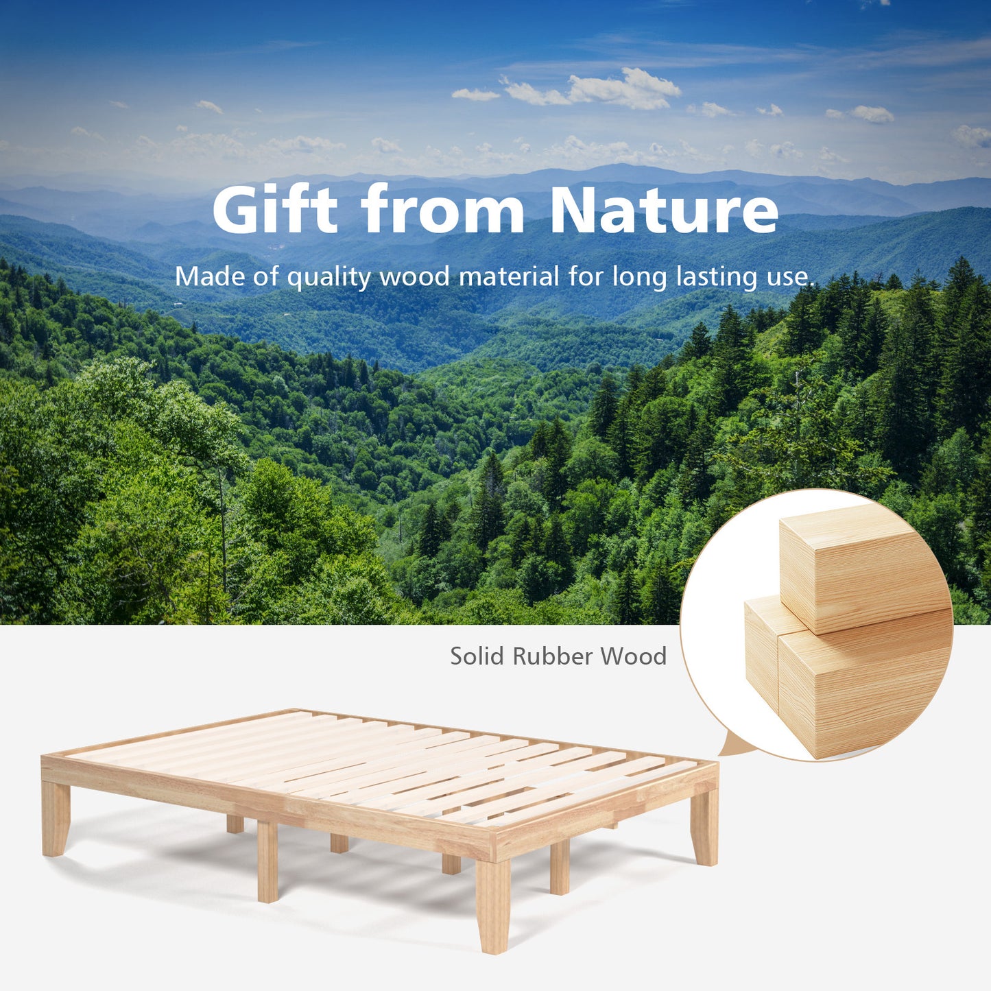 14 Inch Full Size Wood Platform Bed Frame with Wood Slat Support-Natural Kids Crystal