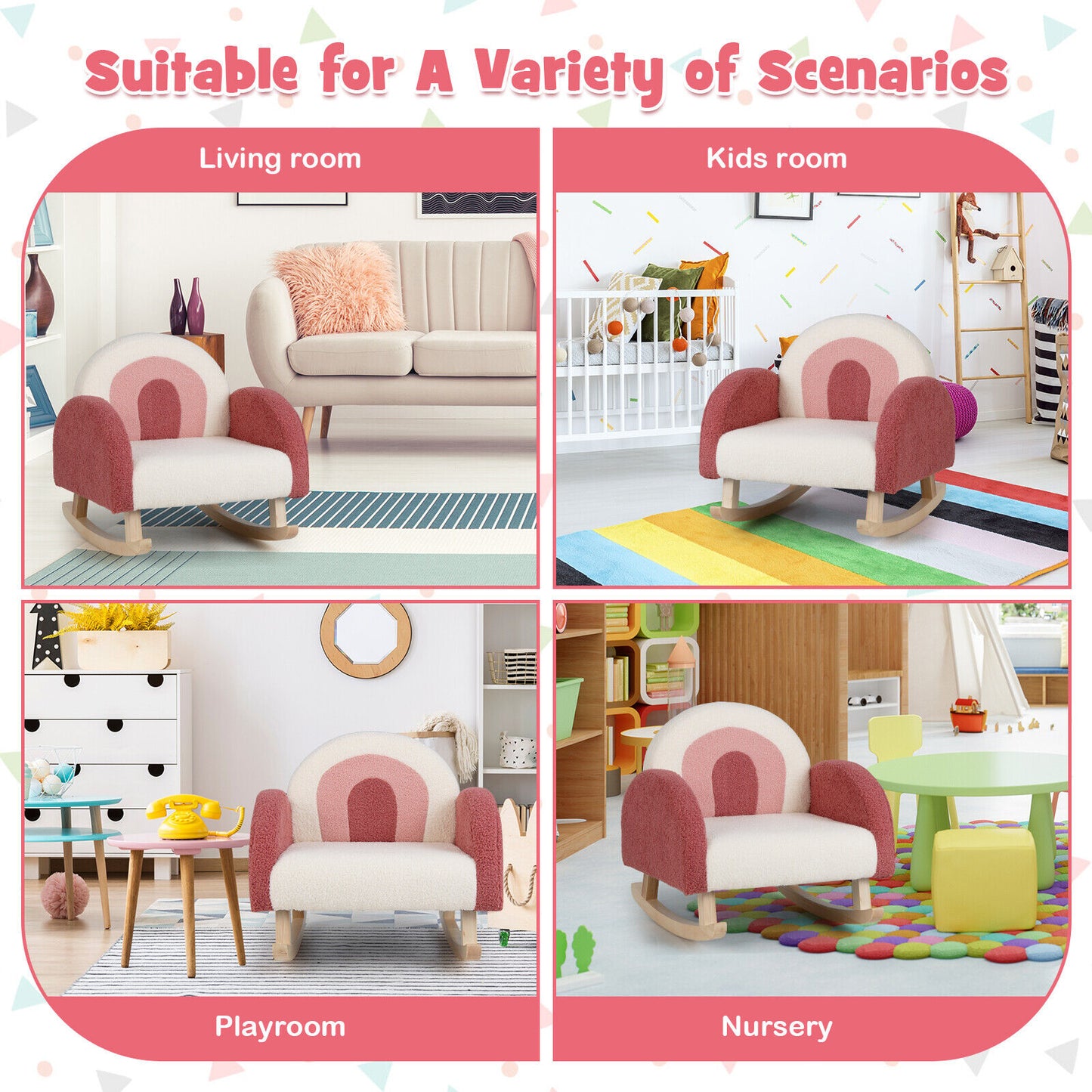 Kids Rocking Chair Children Velvet Upholstered Sofa with Solid Wood Legs-Red Kids Crystal
