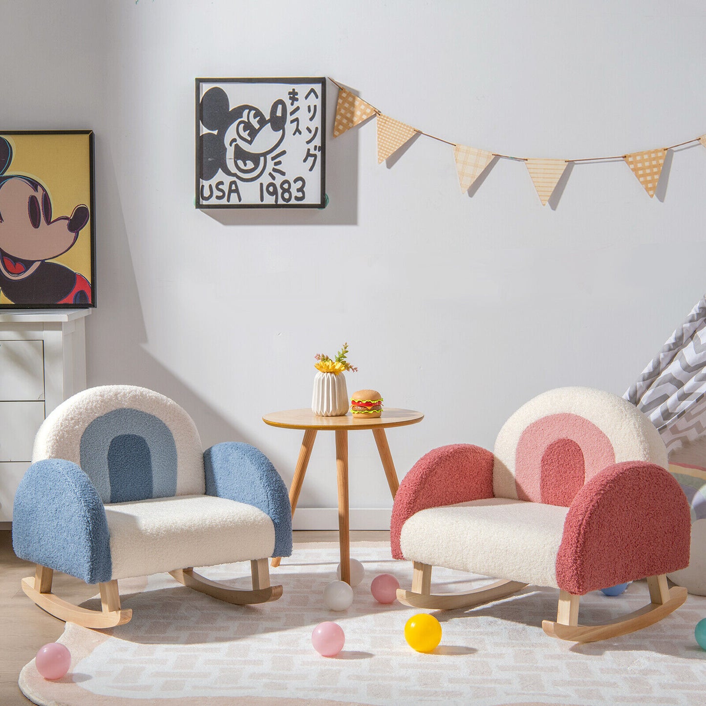 Kids Rocking Chair Children Velvet Upholstered Sofa with Solid Wood Legs-Red Kids Crystal