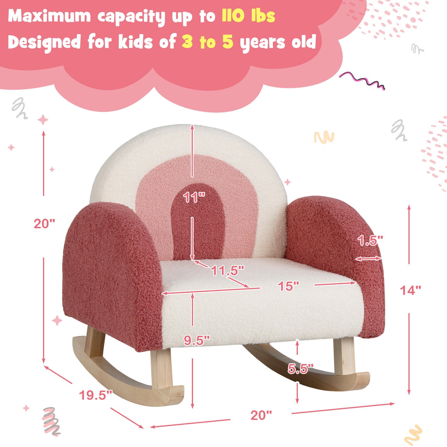 Kids Rocking Chair Children Velvet Upholstered Sofa with Solid Wood Legs-Red Kids Crystal