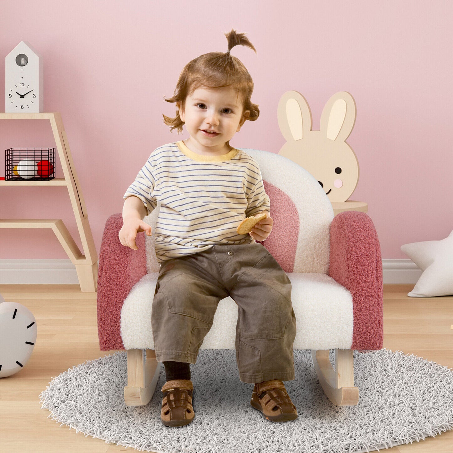 Kids Rocking Chair Children Velvet Upholstered Sofa with Solid Wood Legs-Red Kids Crystal