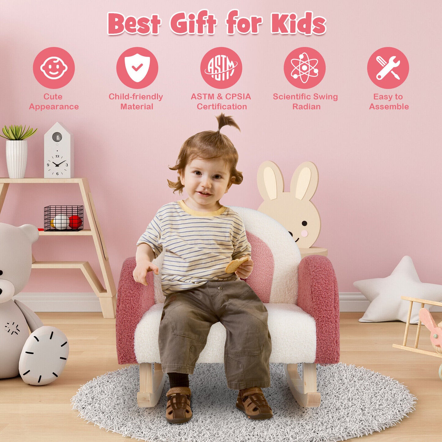 Kids Rocking Chair Children Velvet Upholstered Sofa with Solid Wood Legs-Red Kids Crystal