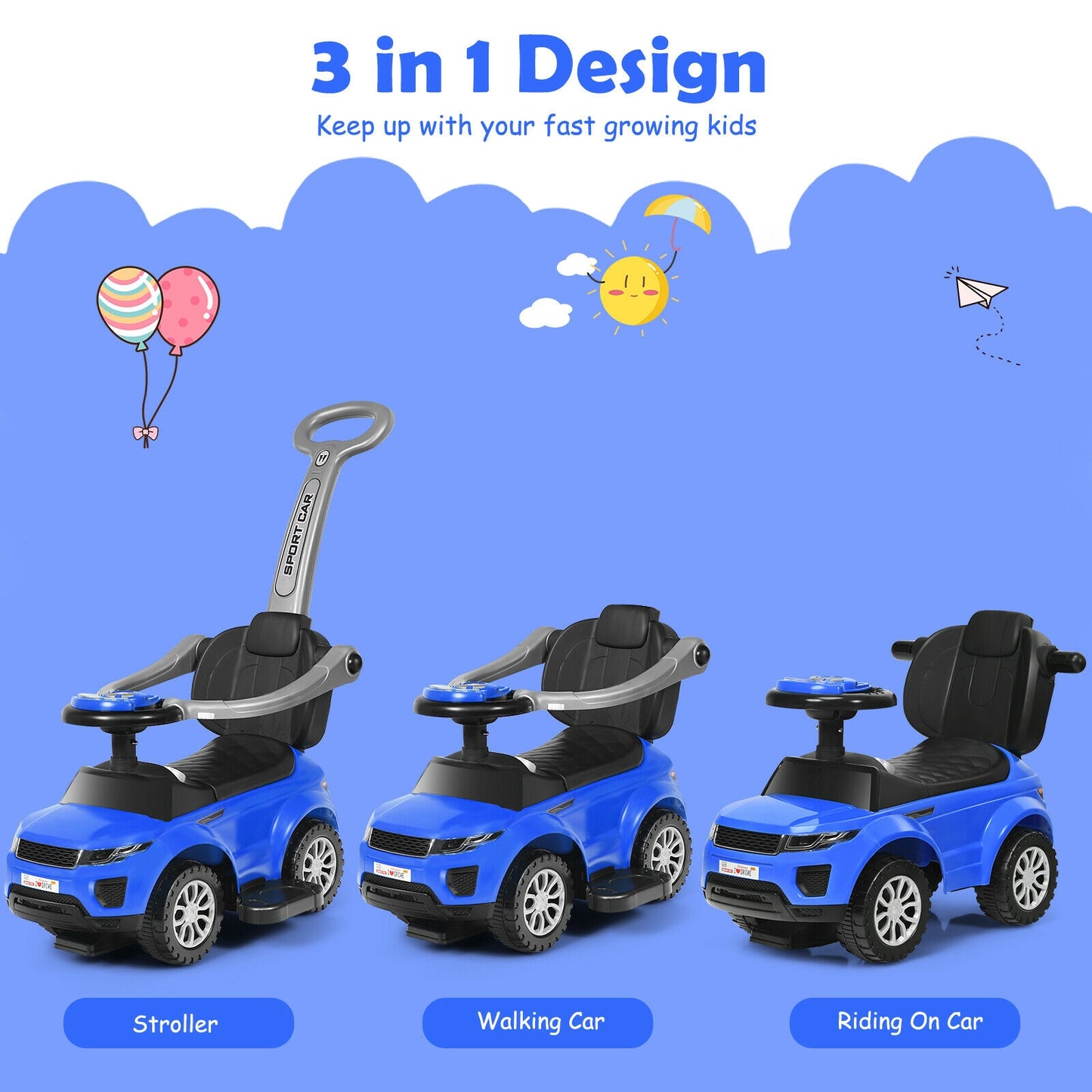 3 In 1 Ride on Push Car Toddler Stroller Sliding Car with Music-Blue Kids Crystal