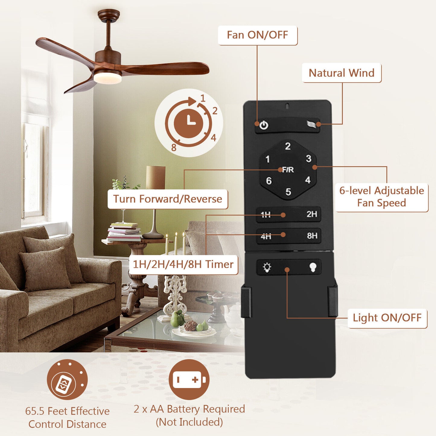 52 Inch Reversible Ceiling Fan with LED Light and Adjustable Temperature-Brown Kids Crystal