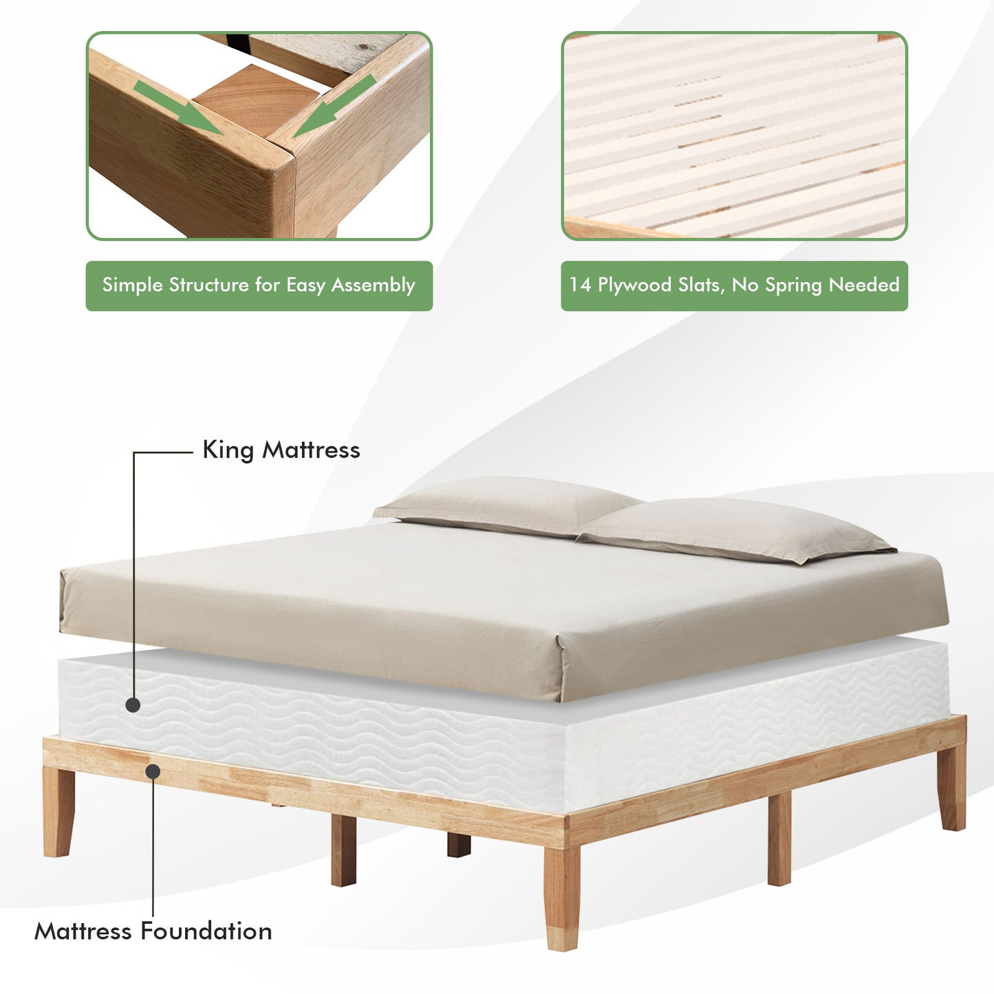 14 Inch King Size Wood Platform Bed Frame-Natural Kids Crystal