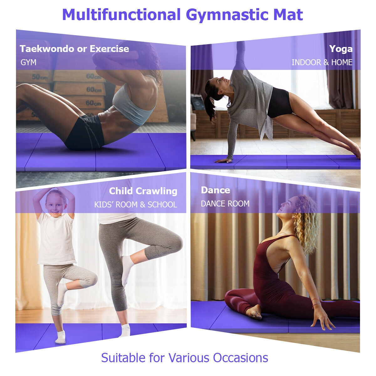 4 Feet x 10 Feet x 2 Inch Folding Gymnastics Tumbling Gym Mat-Purple Kids Crystal
