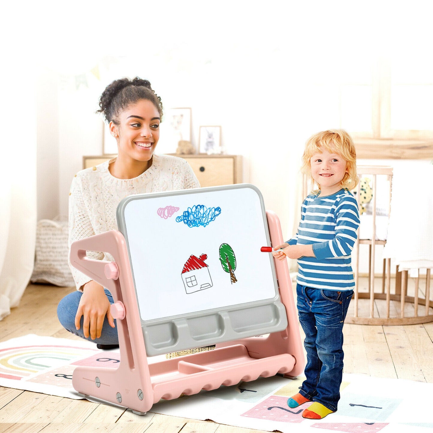 2 in 1 Kids Easel Table and Chair Set with Adjustable Art Painting Board-Pink Kids Crystal