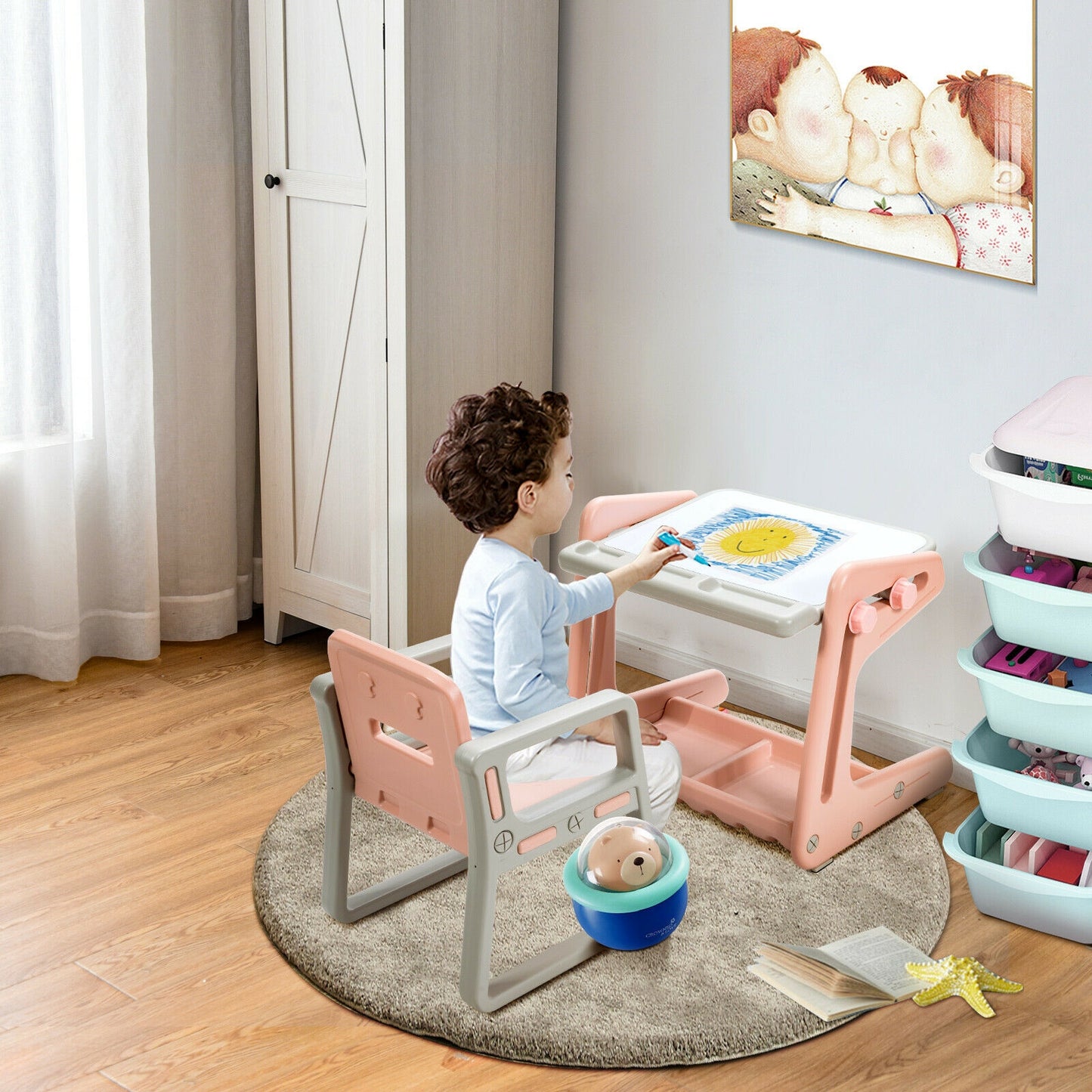 2 in 1 Kids Easel Table and Chair Set with Adjustable Art Painting Board-Pink Kids Crystal
