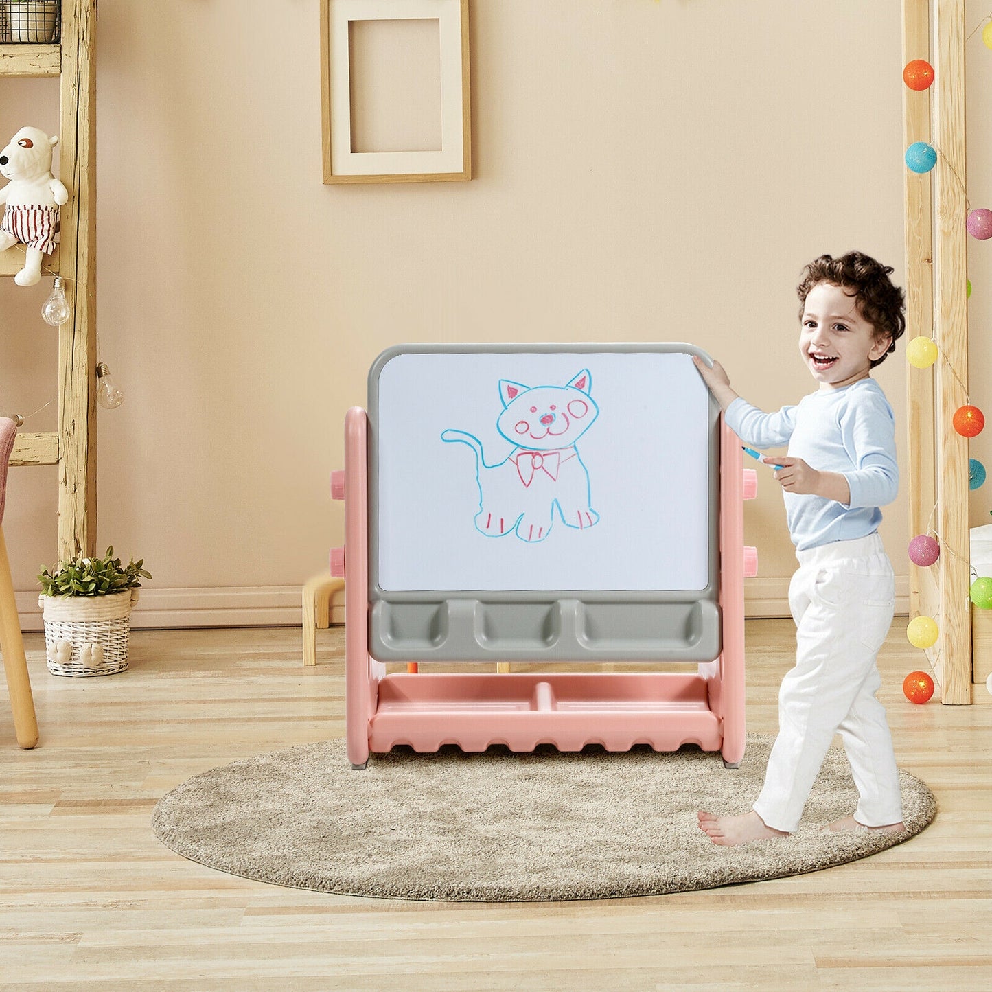 2 in 1 Kids Easel Table and Chair Set with Adjustable Art Painting Board-Pink Kids Crystal