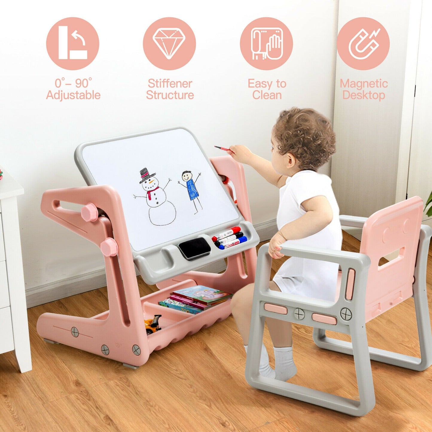 2 in 1 Kids Easel Table and Chair Set with Adjustable Art Painting Board-Pink Kids Crystal