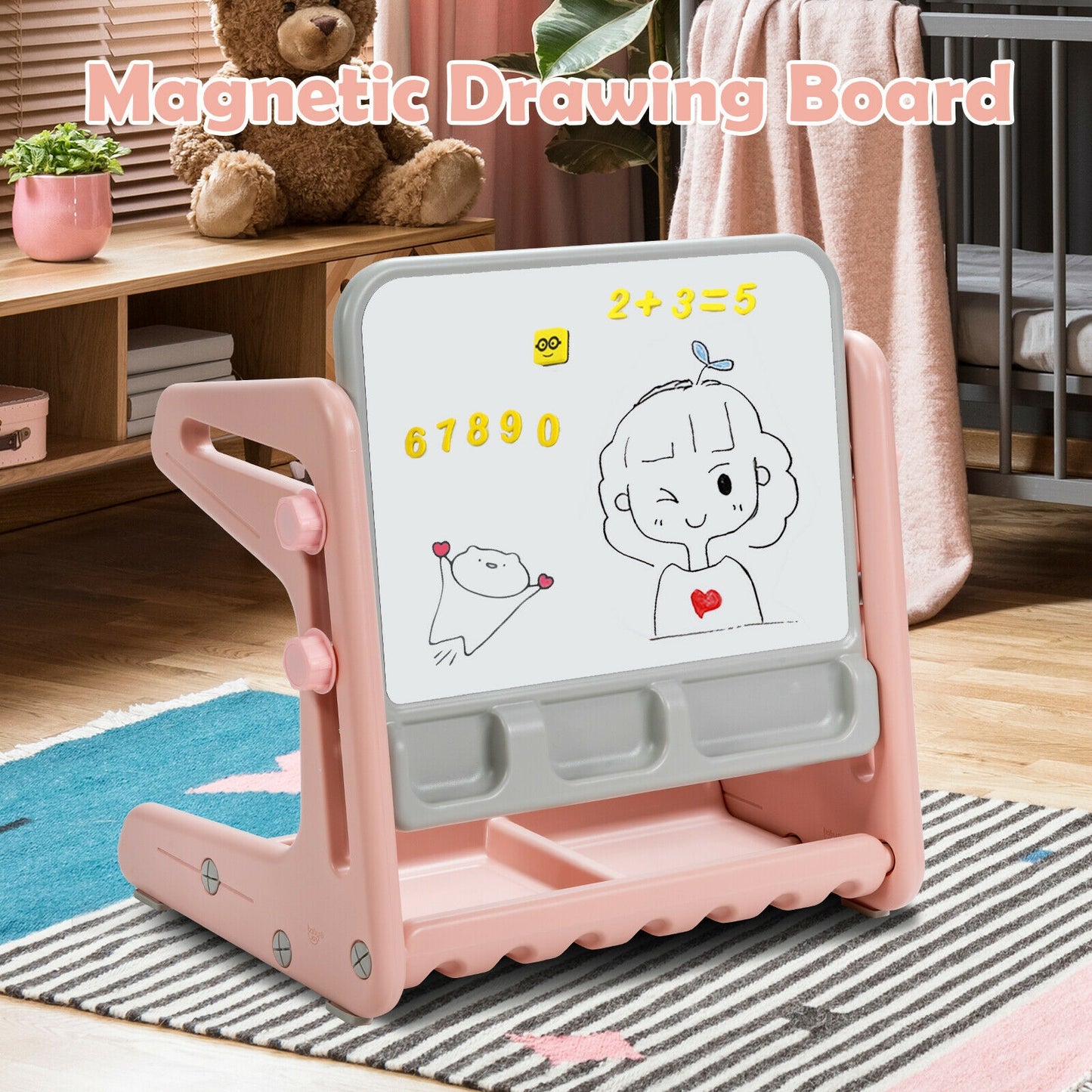 2 in 1 Kids Easel Table and Chair Set with Adjustable Art Painting Board-Pink Kids Crystal