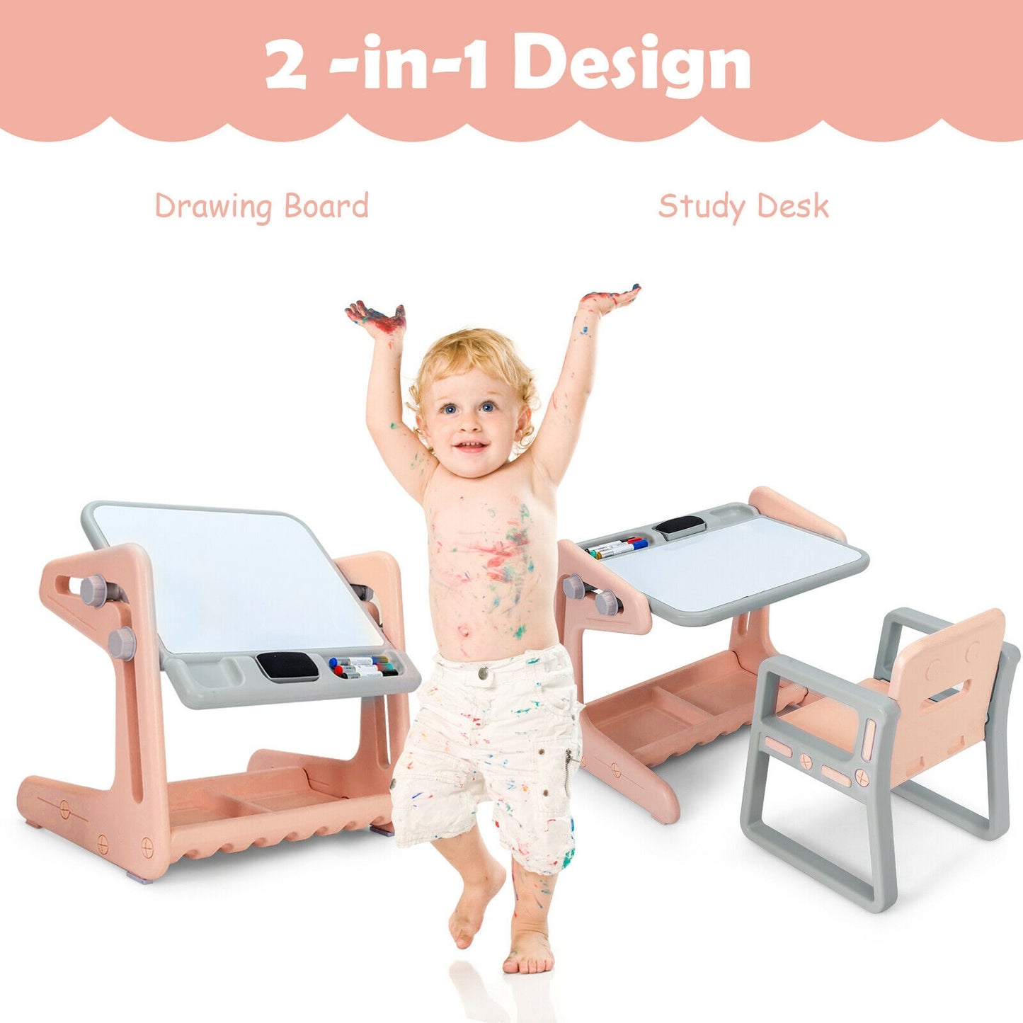 2 in 1 Kids Easel Table and Chair Set with Adjustable Art Painting Board-Pink Kids Crystal