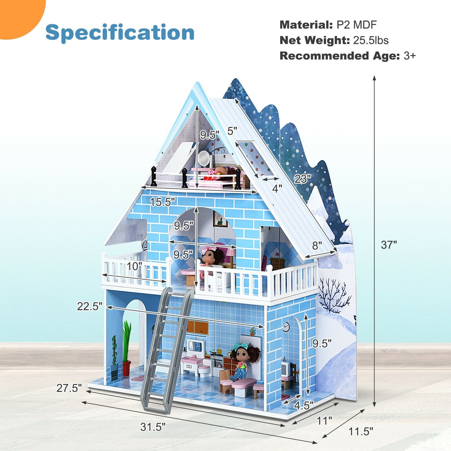 Wooden Dollhouse 3-Story Pretend Playset with Furniture and Doll Gift for Age 3+ Year Kids Crystal