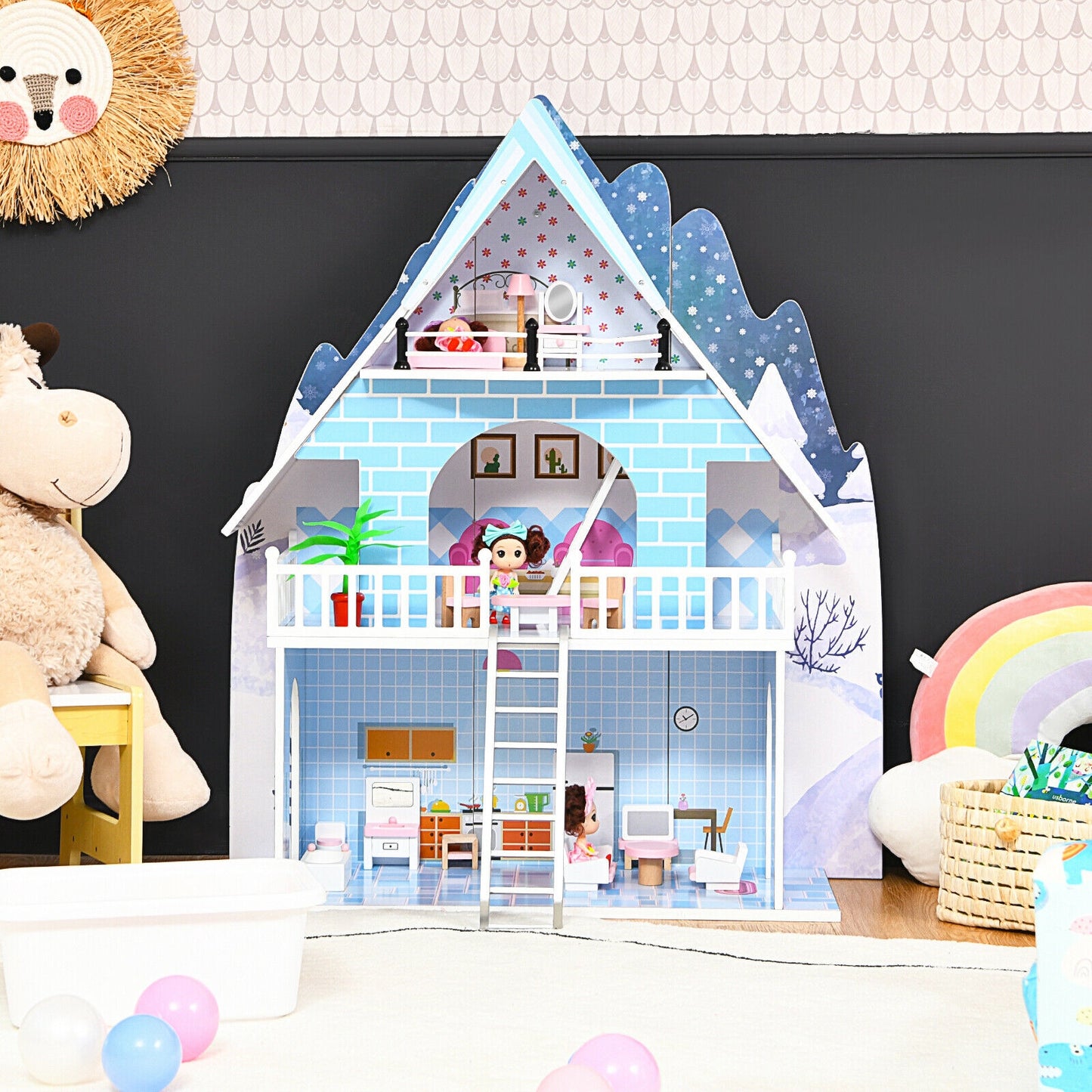 Wooden Dollhouse 3-Story Pretend Playset with Furniture and Doll Gift for Age 3+ Year Kids Crystal