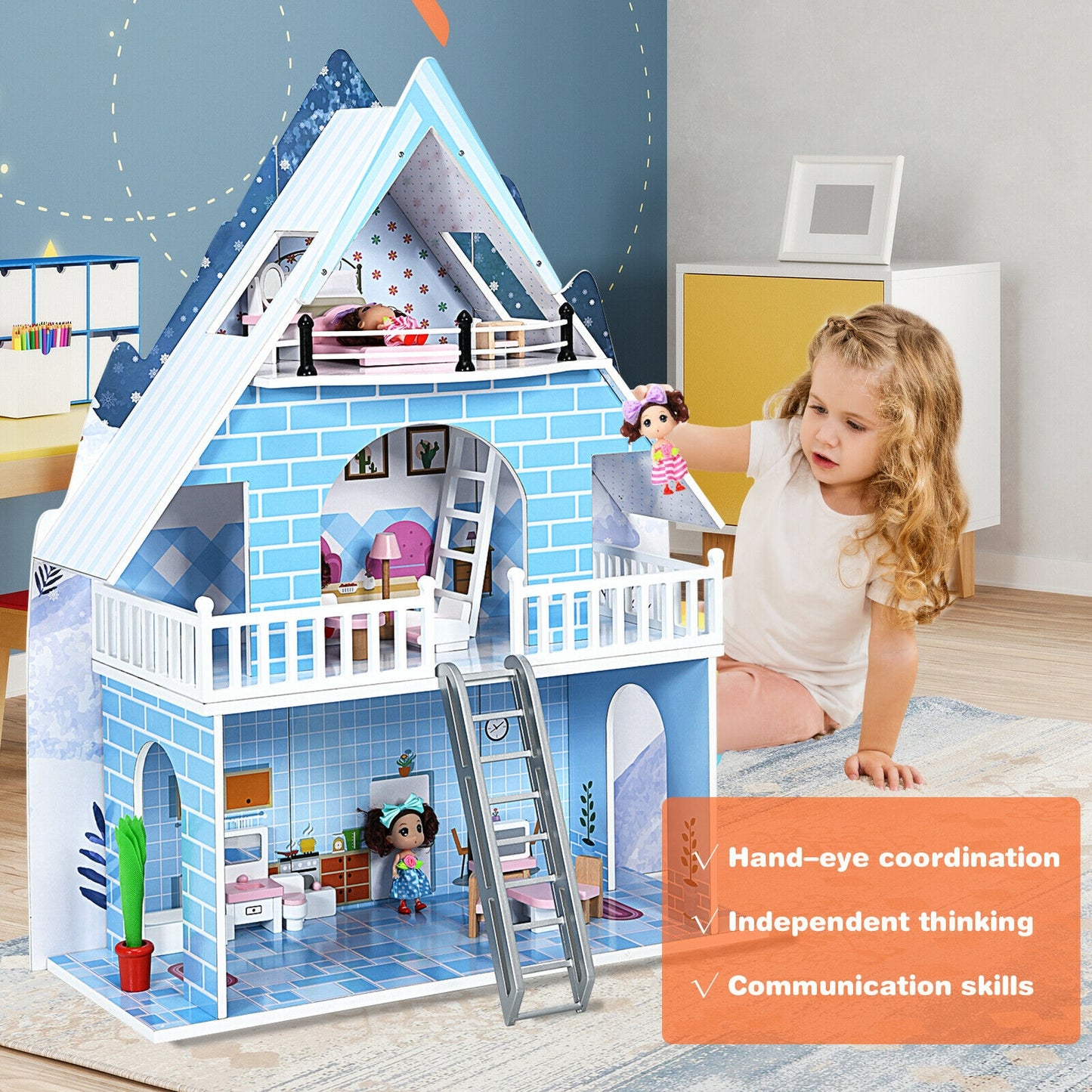 Wooden Dollhouse 3-Story Pretend Playset with Furniture and Doll Gift for Age 3+ Year Kids Crystal