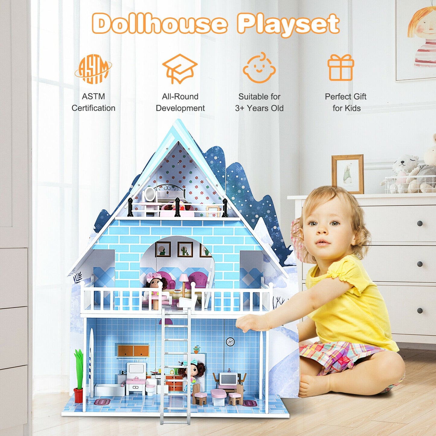 Wooden Dollhouse 3-Story Pretend Playset with Furniture and Doll Gift for Age 3+ Year Kids Crystal