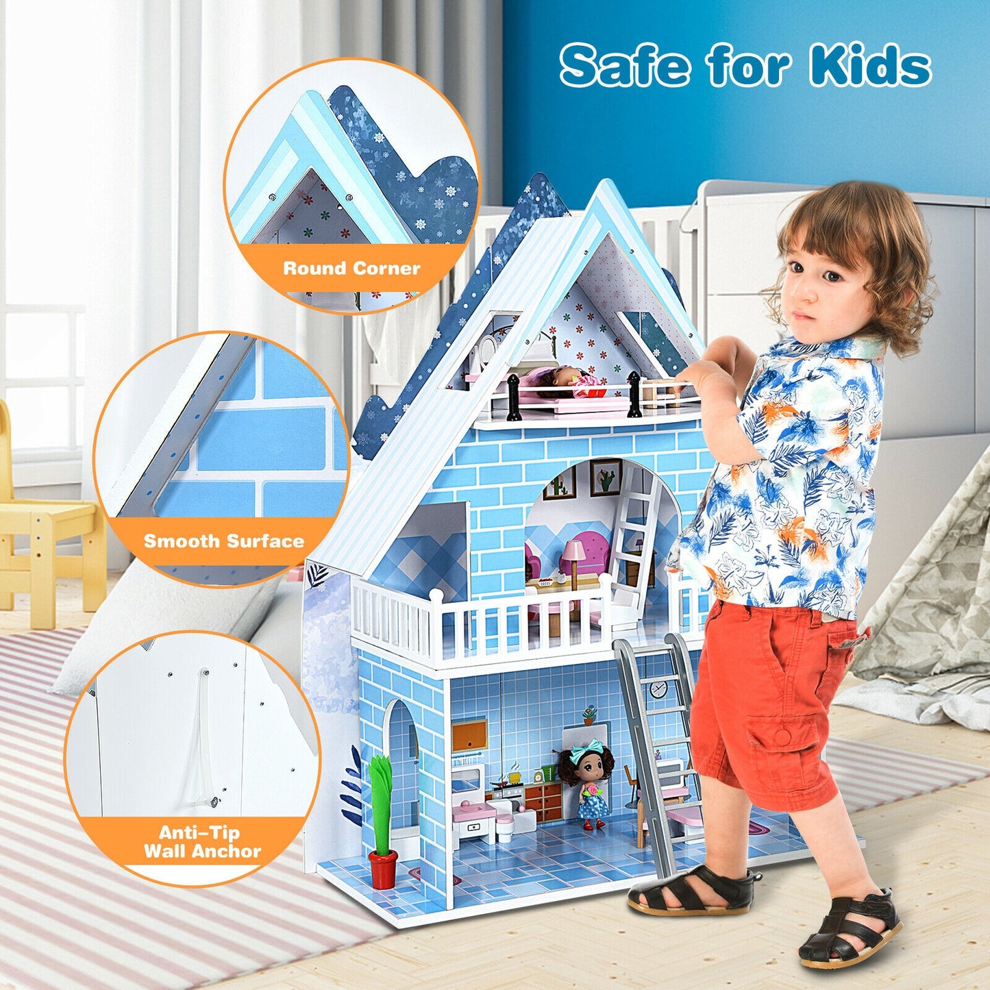 Wooden Dollhouse 3-Story Pretend Playset with Furniture and Doll Gift for Age 3+ Year Kids Crystal