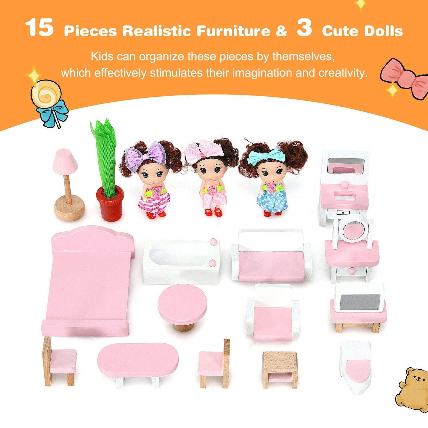 Wooden Dollhouse 3-Story Pretend Playset with Furniture and Doll Gift for Age 3+ Year Kids Crystal