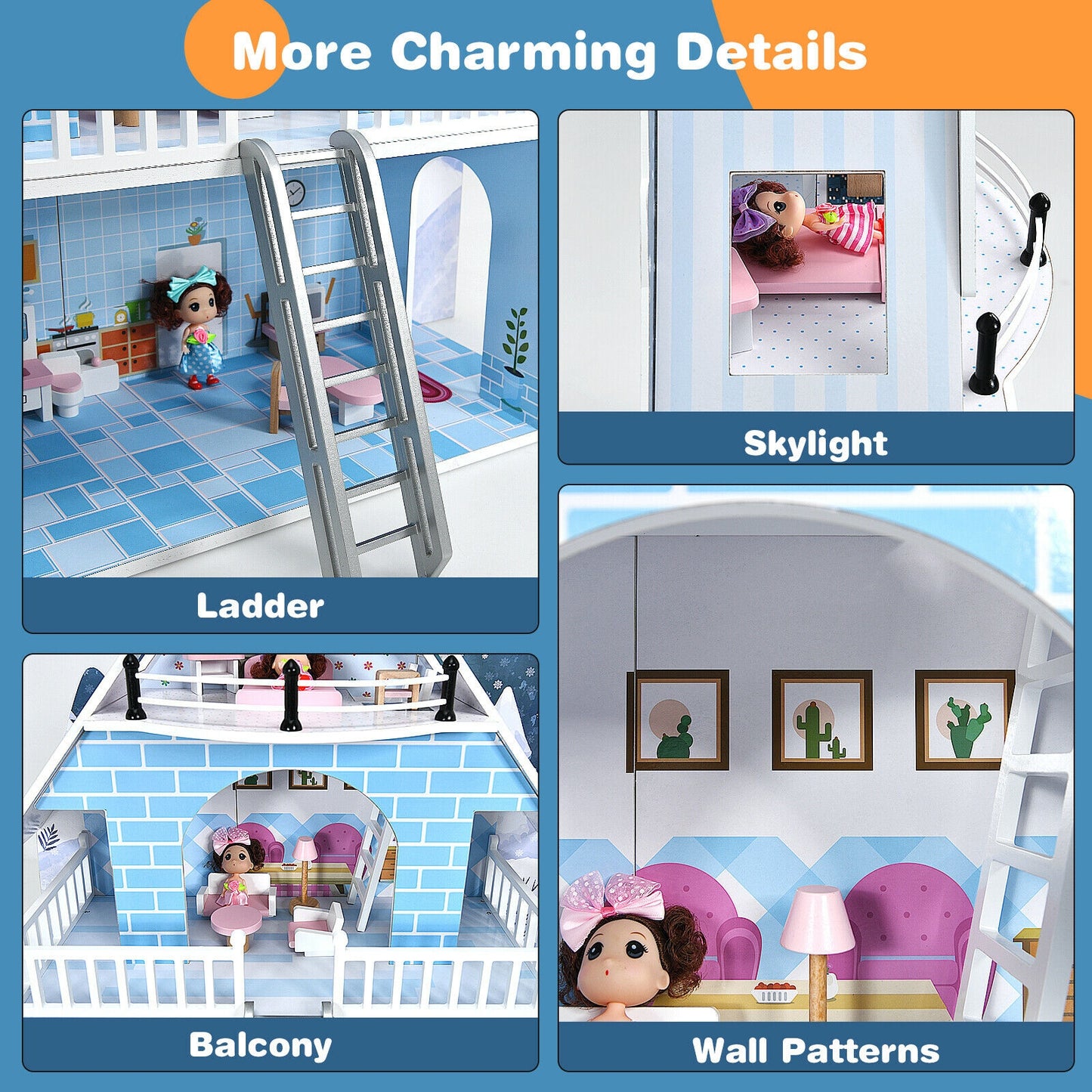 Wooden Dollhouse 3-Story Pretend Playset with Furniture and Doll Gift for Age 3+ Year Kids Crystal