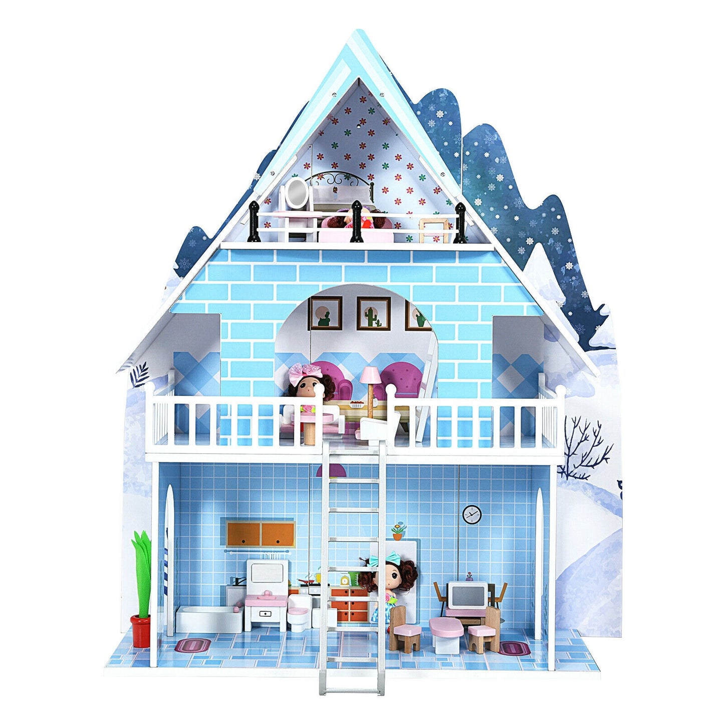 Wooden Dollhouse 3-Story Pretend Playset with Furniture and Doll Gift for Age 3+ Year Kids Crystal