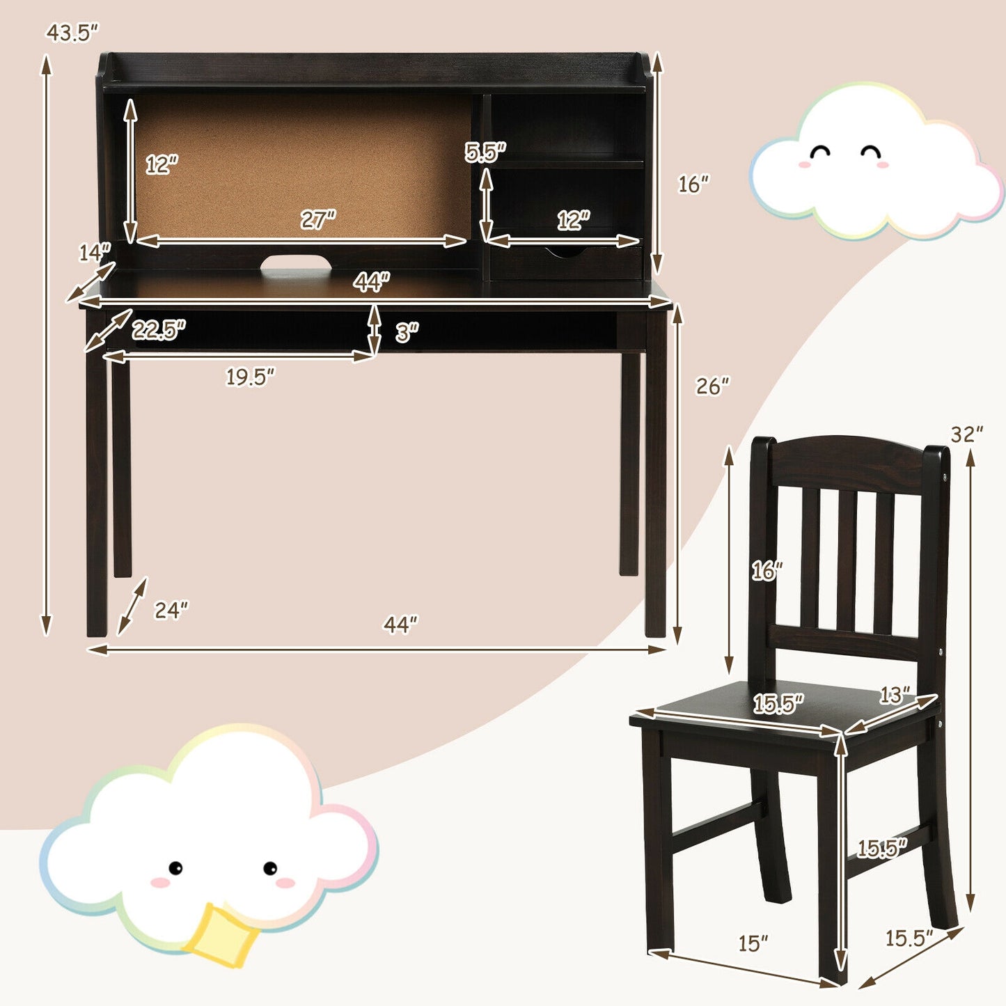 Kids Desk and Chair Set Study Writing Desk with Hutch and Bookshelves-Brown Kids Crystal