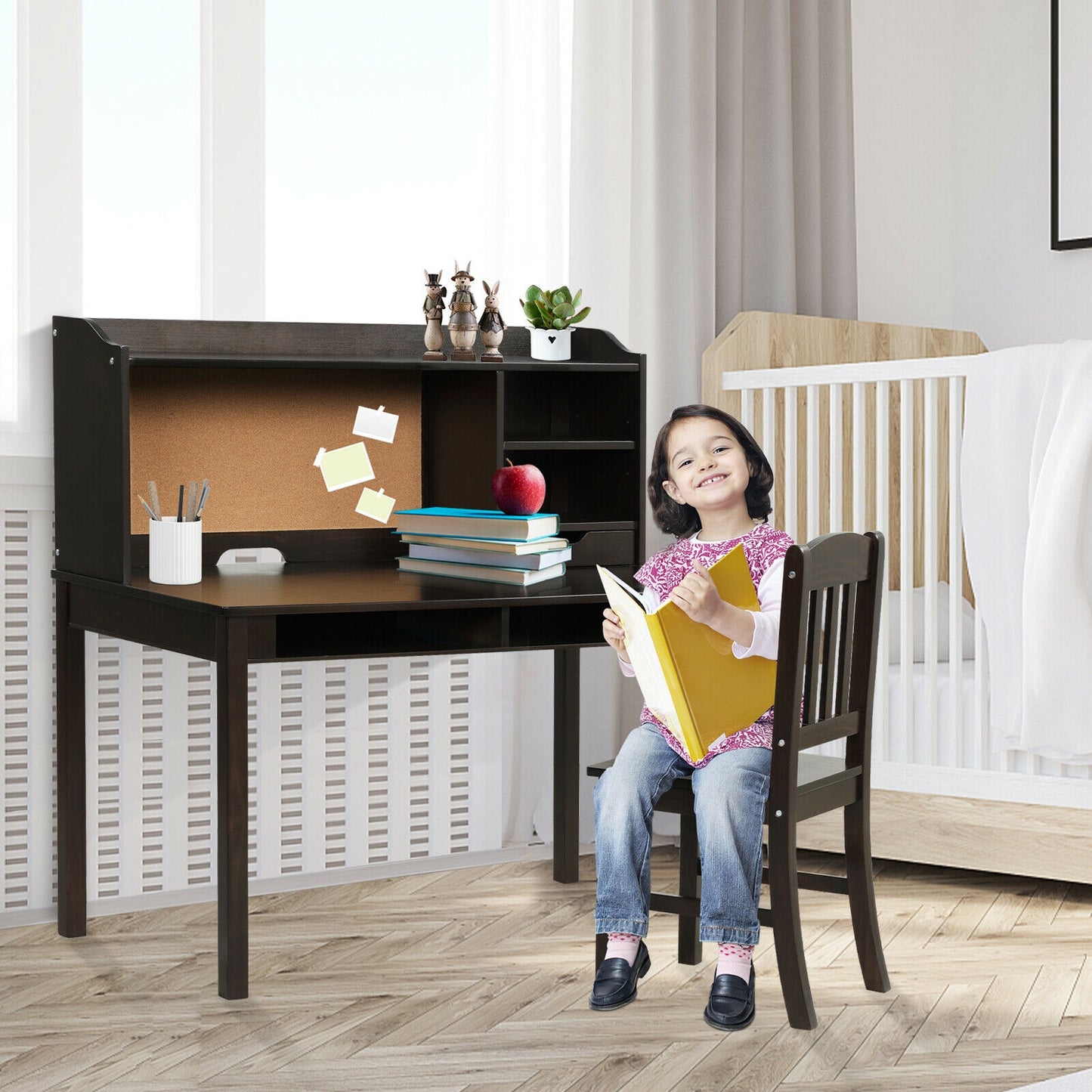 Kids Desk and Chair Set Study Writing Desk with Hutch and Bookshelves-Brown Kids Crystal