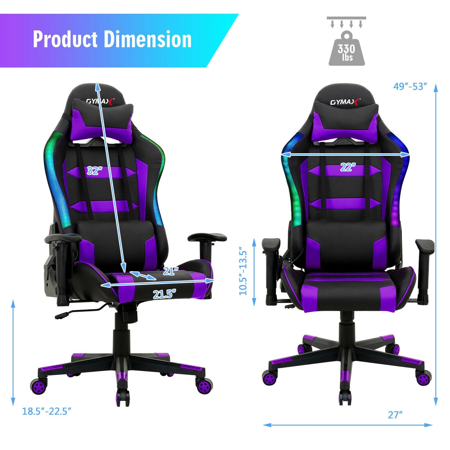 Adjustable Swivel Gaming Chair with LED Lights and Remote-Purple Kids Crystal