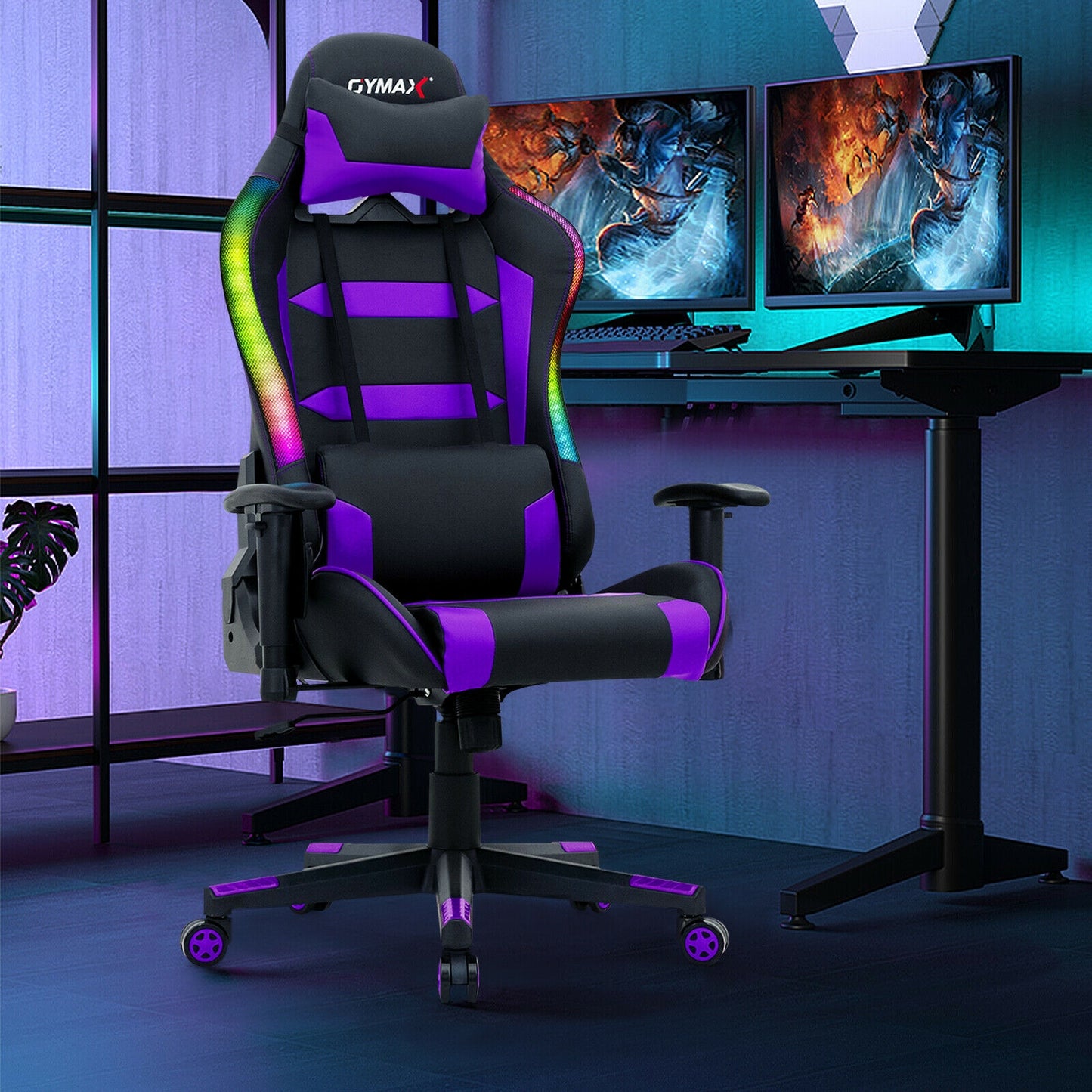 Adjustable Swivel Gaming Chair with LED Lights and Remote-Purple Kids Crystal