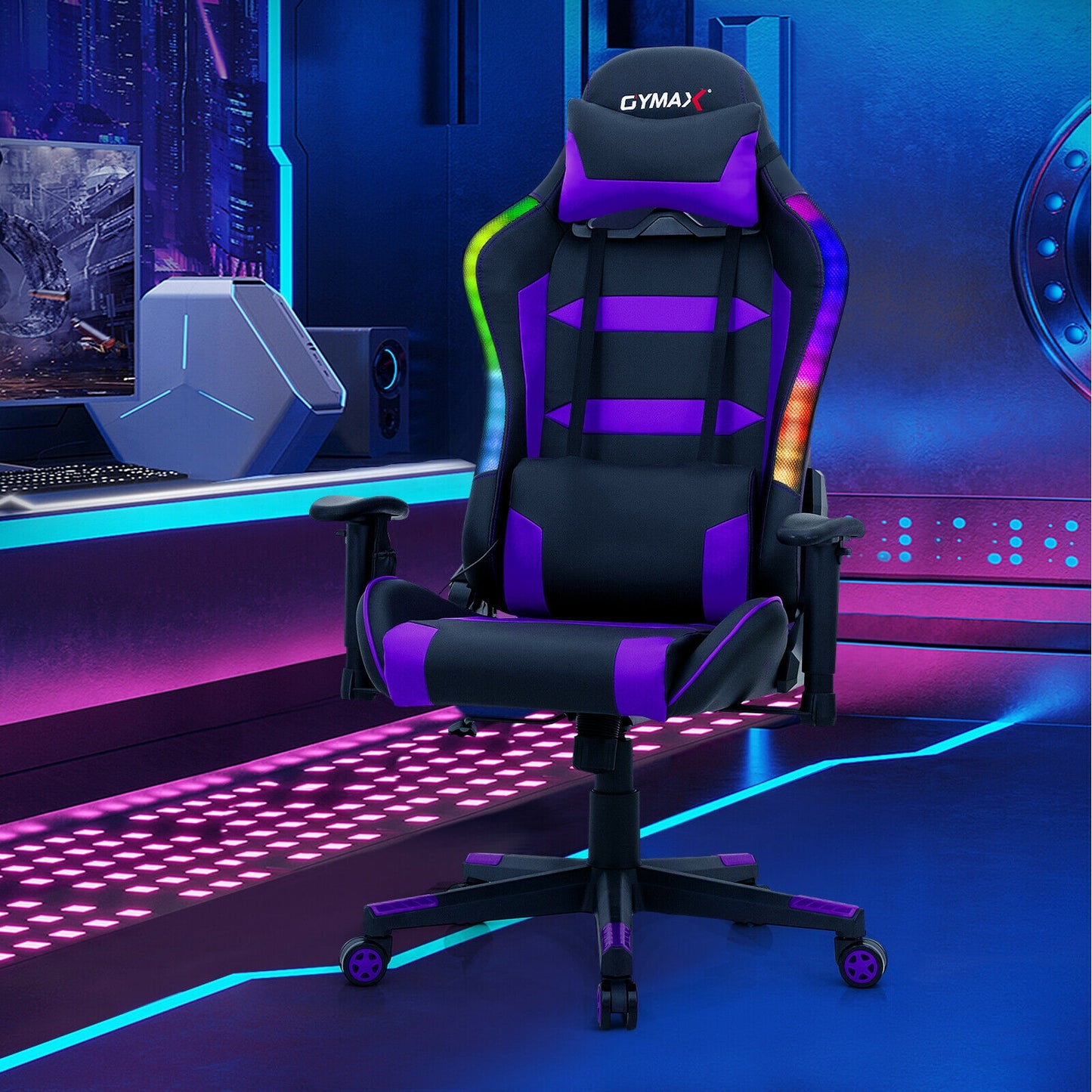 Adjustable Swivel Gaming Chair with LED Lights and Remote-Purple Kids Crystal