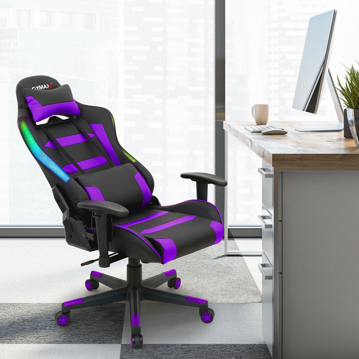 Adjustable Swivel Gaming Chair with LED Lights and Remote-Purple Kids Crystal
