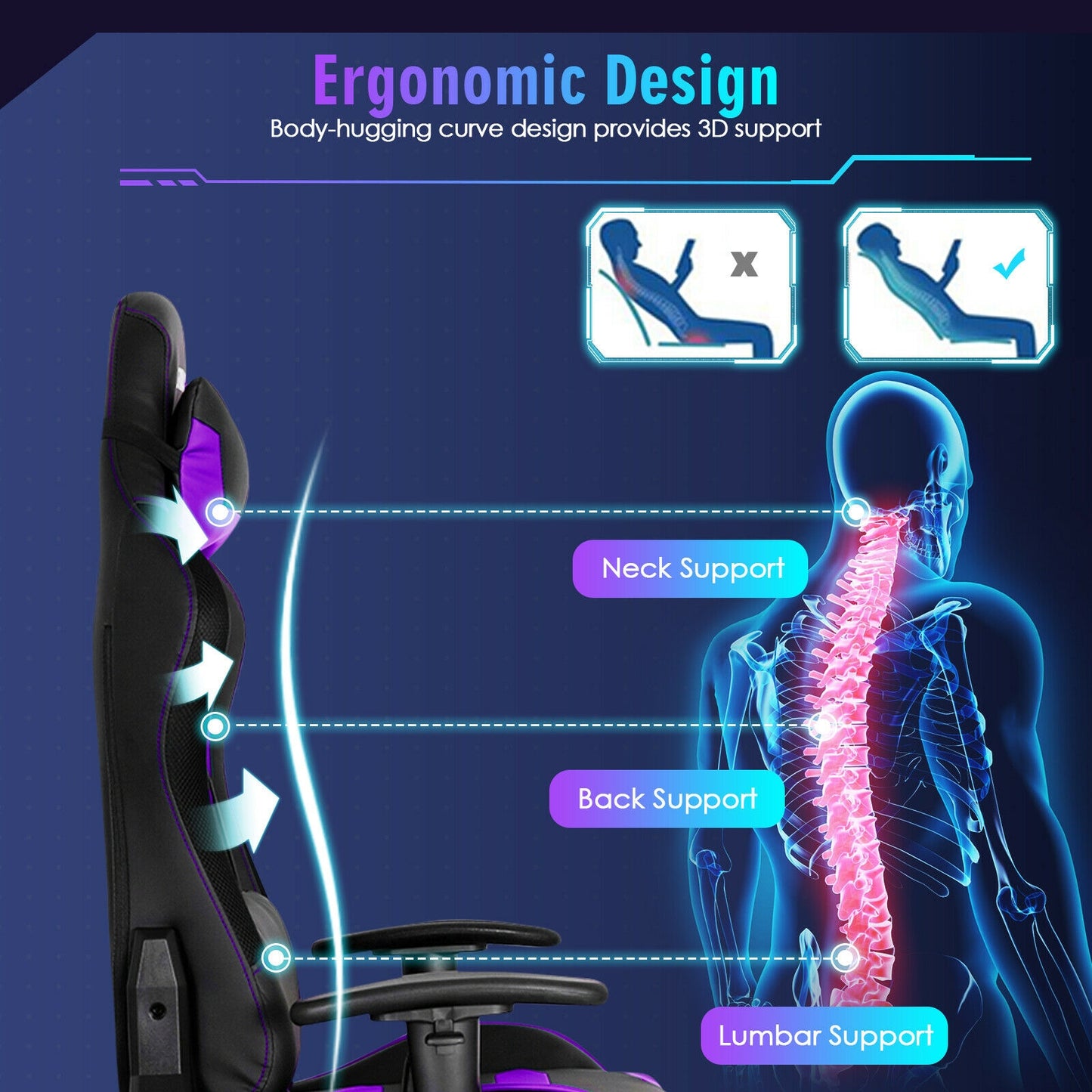 Adjustable Swivel Gaming Chair with LED Lights and Remote-Purple Kids Crystal