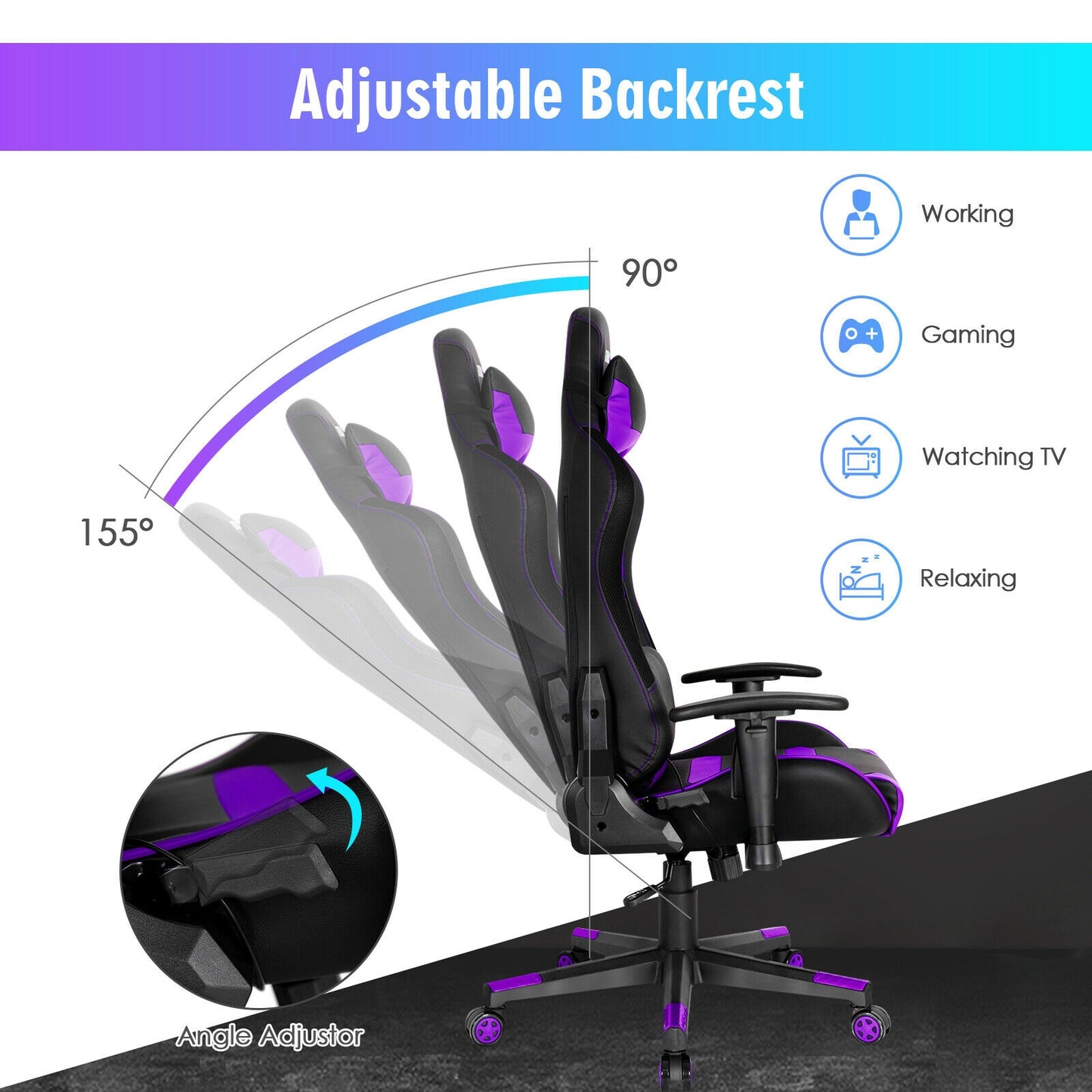 Adjustable Swivel Gaming Chair with LED Lights and Remote-Purple Kids Crystal