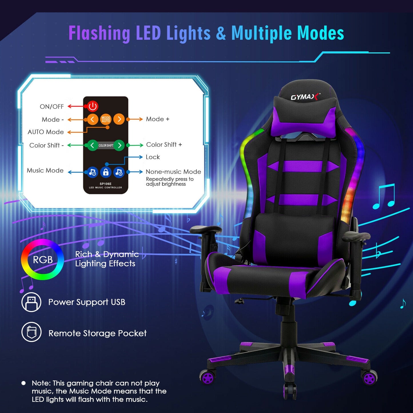 Adjustable Swivel Gaming Chair with LED Lights and Remote-Purple Kids Crystal