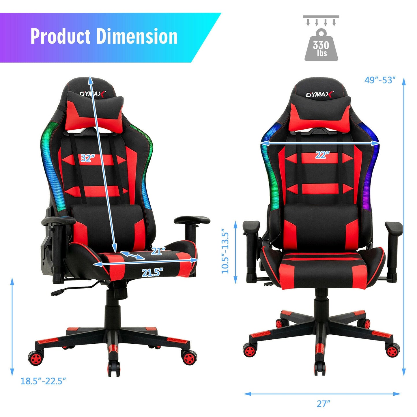 Adjustable Swivel Gaming Chair with LED Lights and Remote-Red Kids Crystal