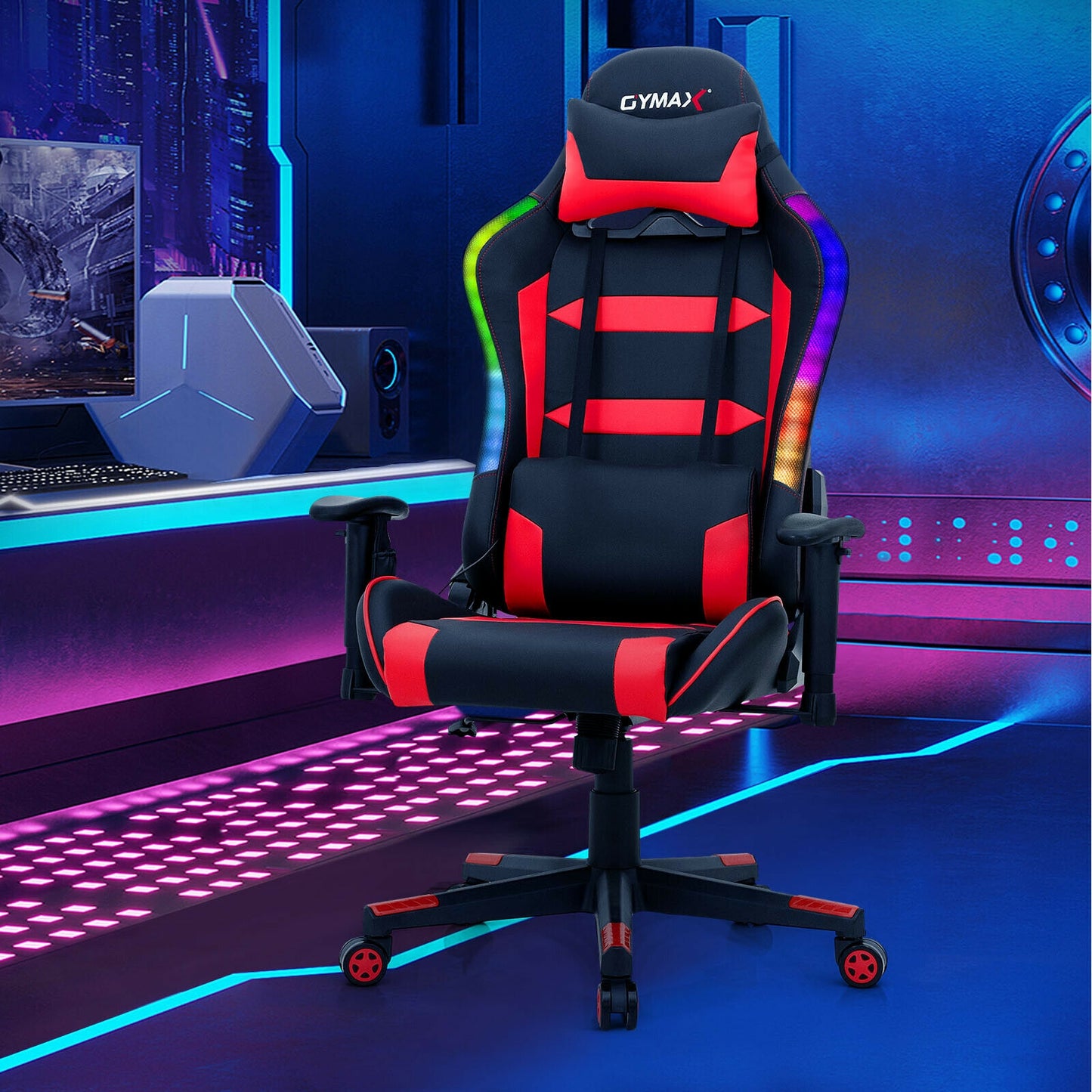 Adjustable Swivel Gaming Chair with LED Lights and Remote-Red Kids Crystal