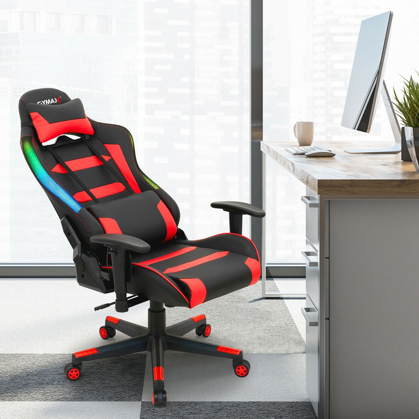 Adjustable Swivel Gaming Chair with LED Lights and Remote-Red Kids Crystal
