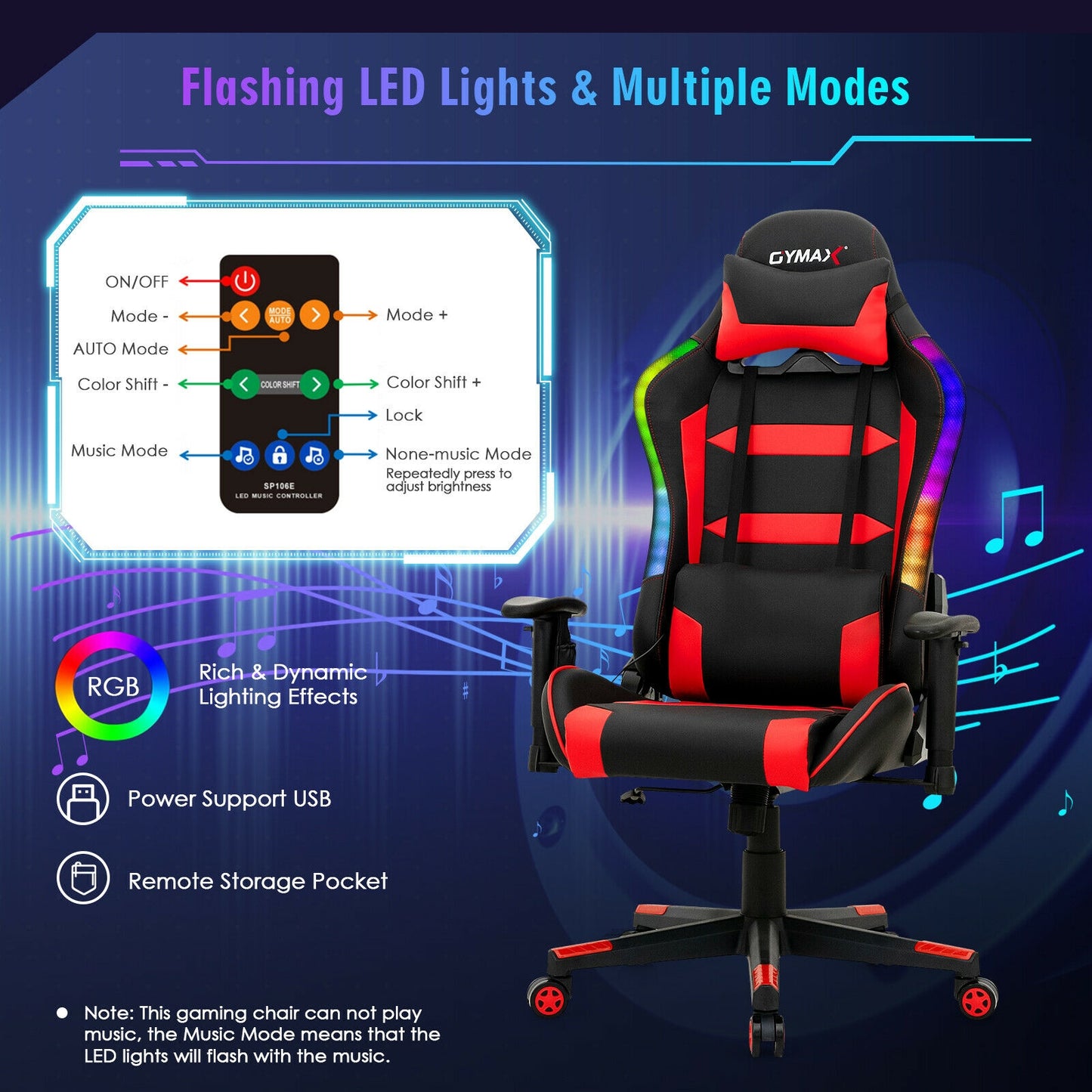 Adjustable Swivel Gaming Chair with LED Lights and Remote-Red Kids Crystal