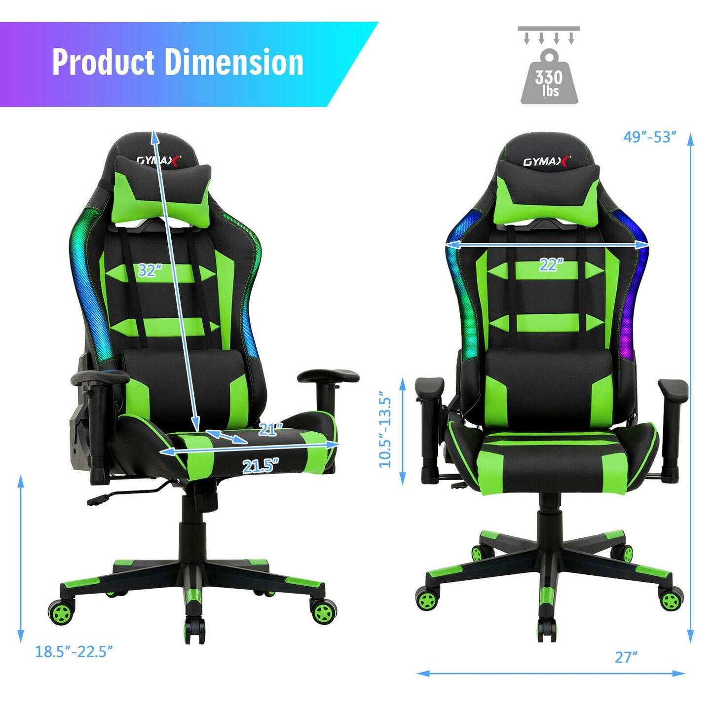 Adjustable Swivel Gaming Chair with LED Lights and Remote-Green Kids Crystal