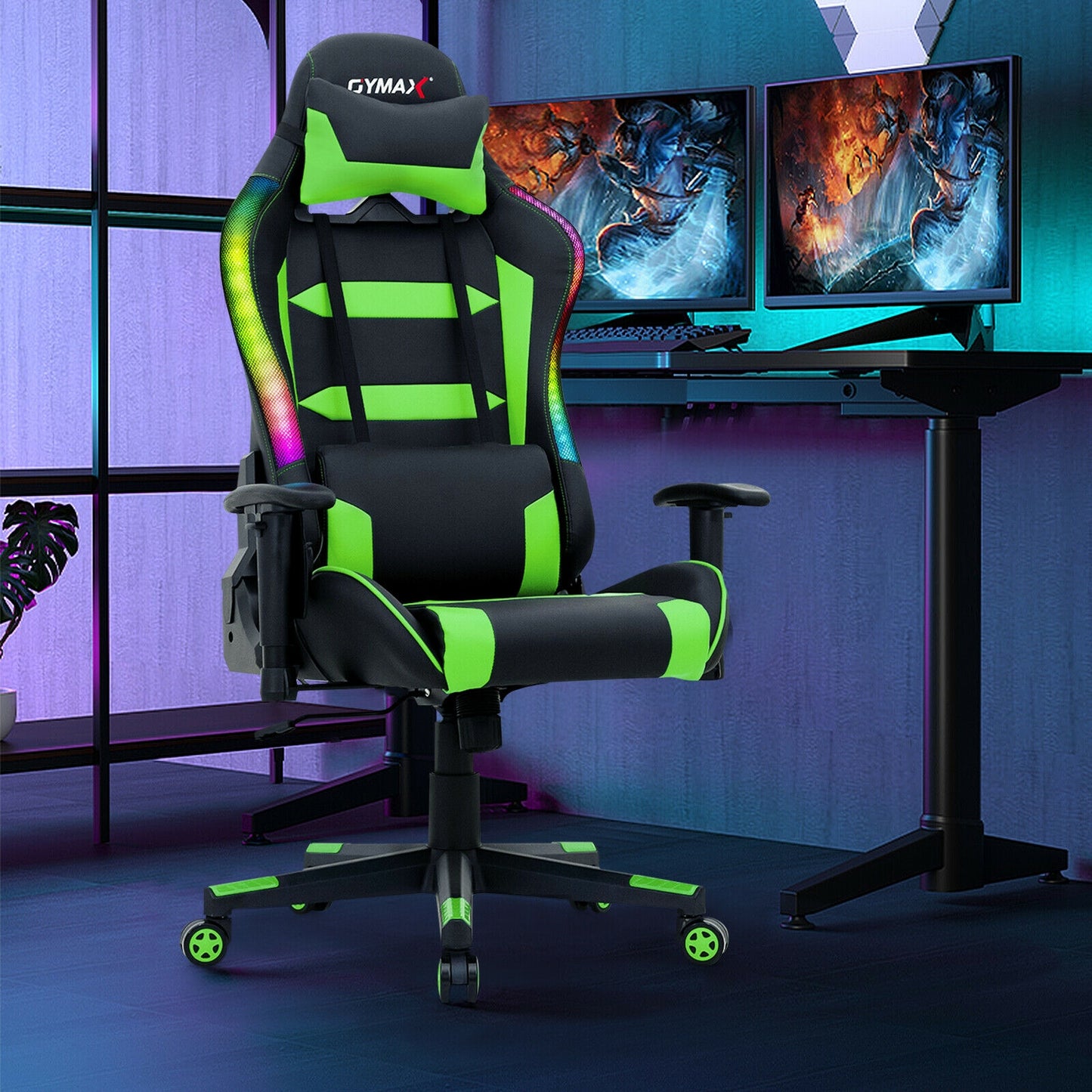 Adjustable Swivel Gaming Chair with LED Lights and Remote-Green Kids Crystal