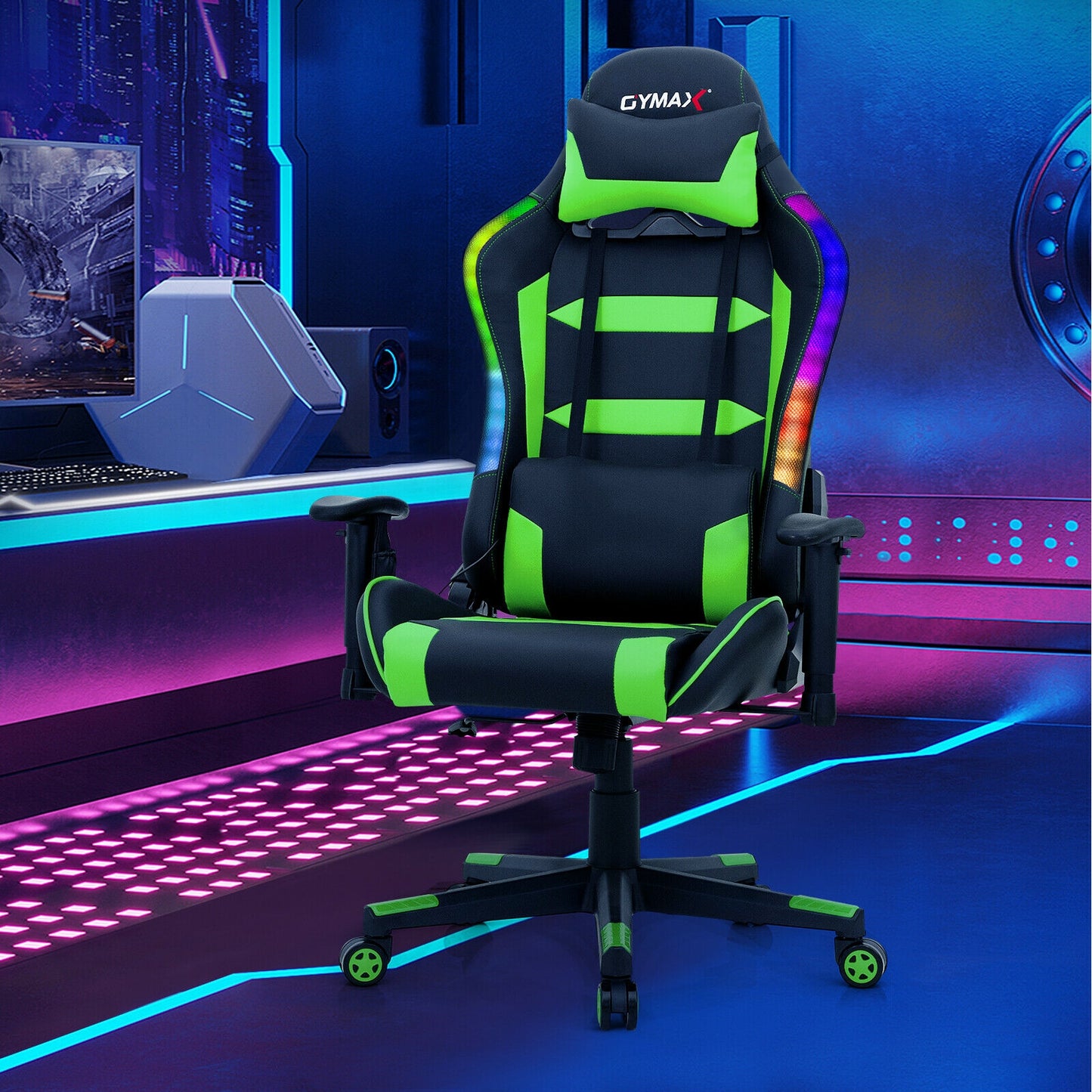 Adjustable Swivel Gaming Chair with LED Lights and Remote-Green Kids Crystal