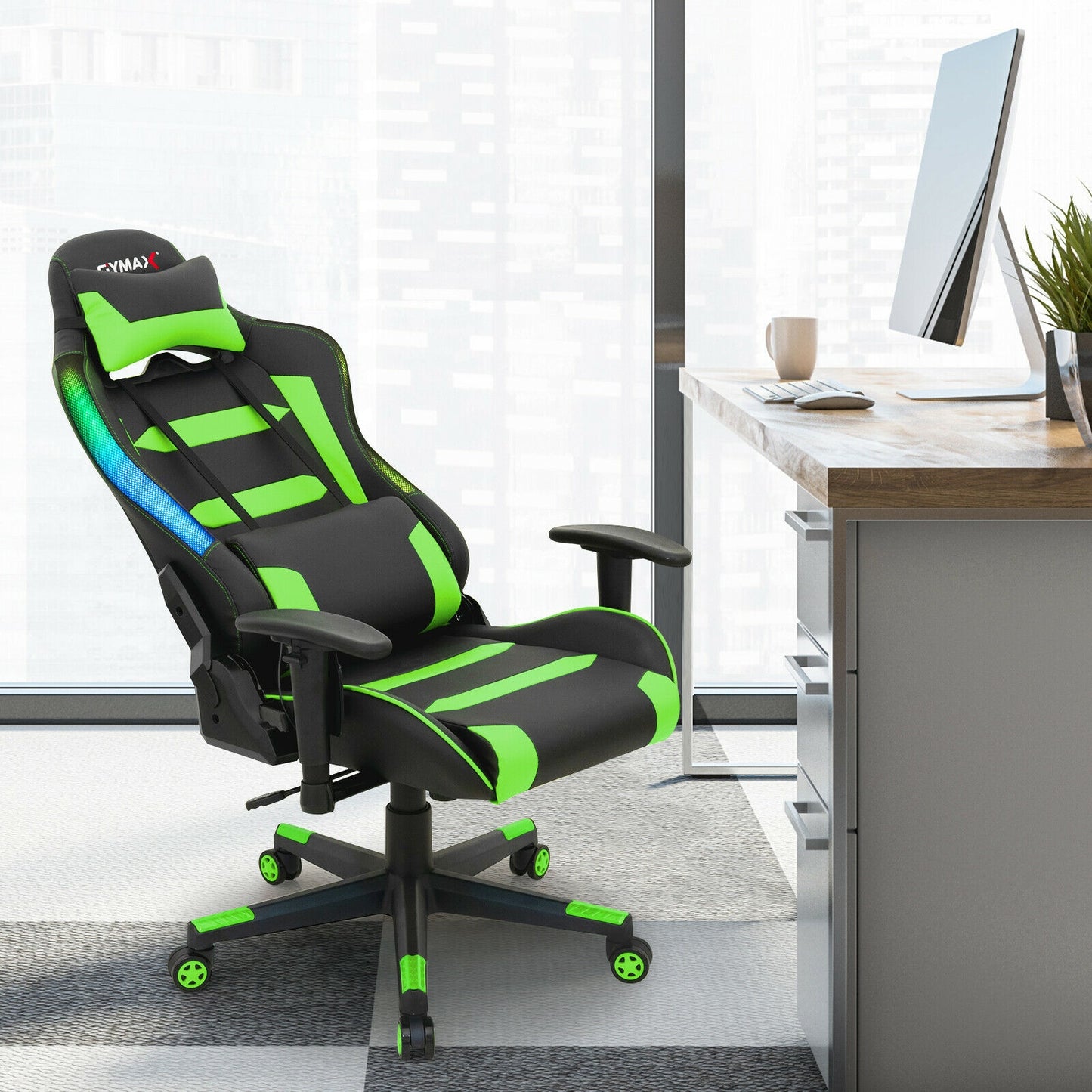 Adjustable Swivel Gaming Chair with LED Lights and Remote-Green Kids Crystal