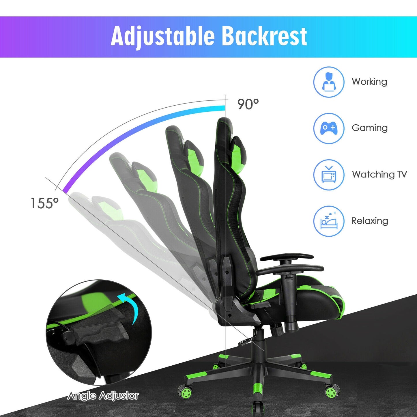 Adjustable Swivel Gaming Chair with LED Lights and Remote-Green Kids Crystal