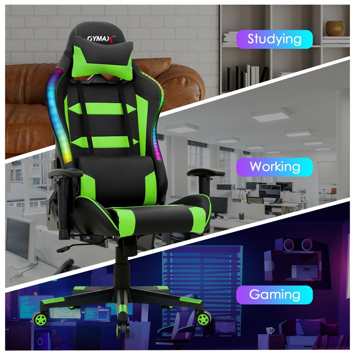 Adjustable Swivel Gaming Chair with LED Lights and Remote-Green Kids Crystal