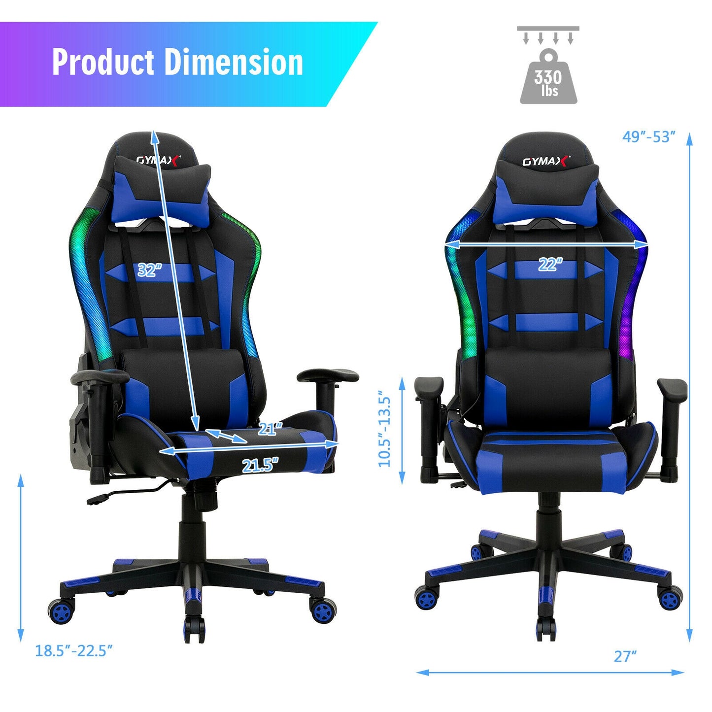 Adjustable Swivel Gaming Chair with LED Lights and Remote-Blue Kids Crystal