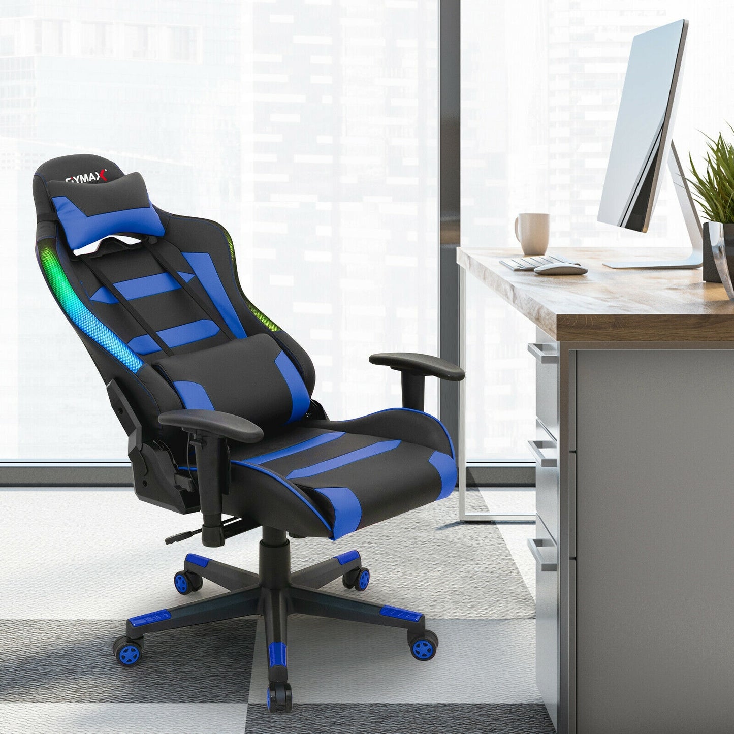Adjustable Swivel Gaming Chair with LED Lights and Remote-Blue Kids Crystal