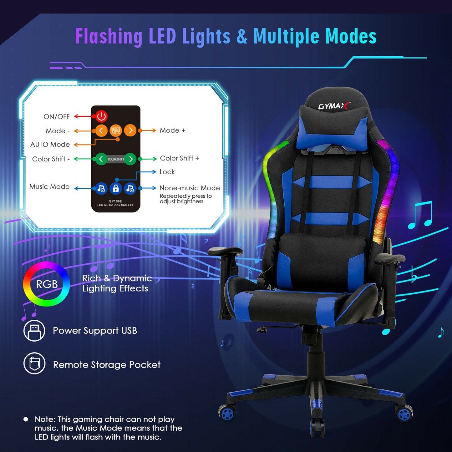 Adjustable Swivel Gaming Chair with LED Lights and Remote-Blue Kids Crystal
