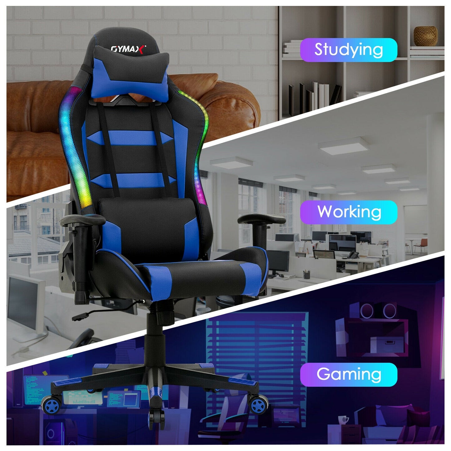 Adjustable Swivel Gaming Chair with LED Lights and Remote-Blue Kids Crystal
