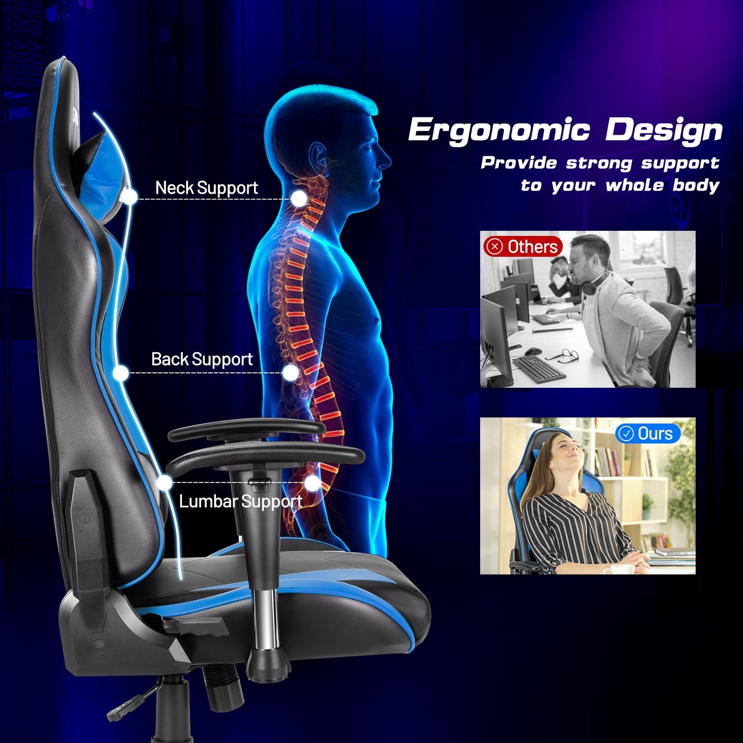 Gaming Chair Adjustable Swivel Racing Style Computer Office Chair-Blue Kids Crystal